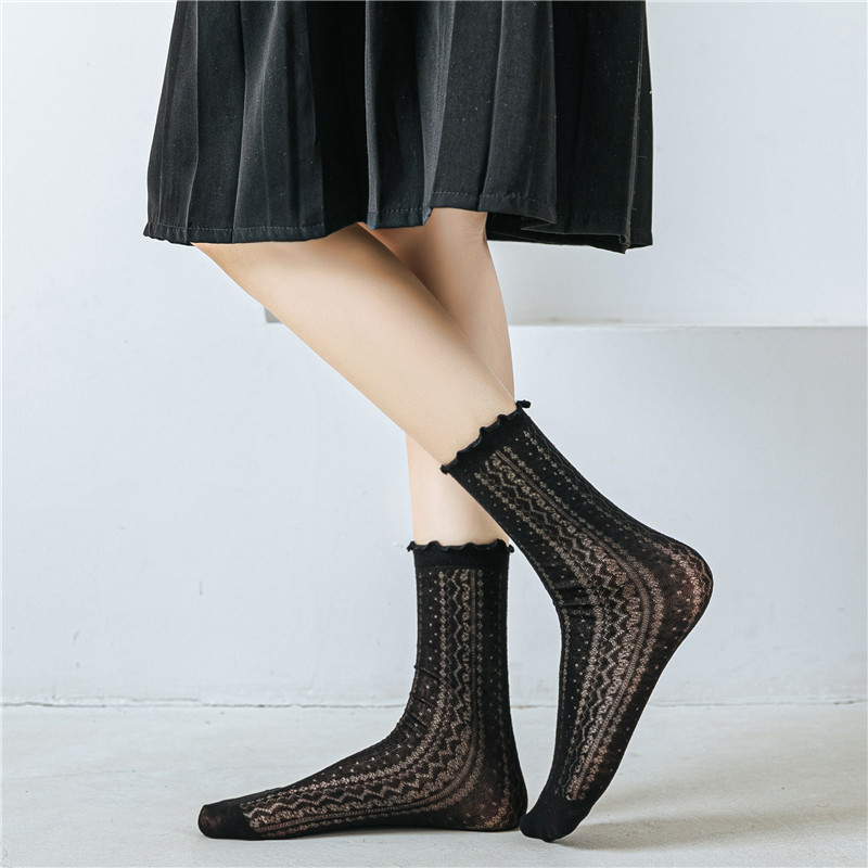 JK Style Socks Women's Spring and Summer Ultra-Thin Lolita Female Clothes in Black and White Tube Socks Twist Diamond Lattice Stockings Ins Fashion