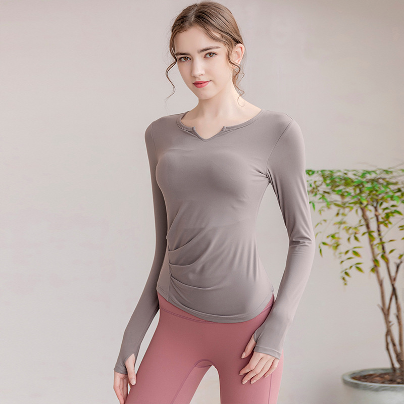 Sports wear Yoga Wear Long-Sleeved V-neck Top Nude Feel Fashion Sports Workout Clothes with Chest Pad T-shirt for Women