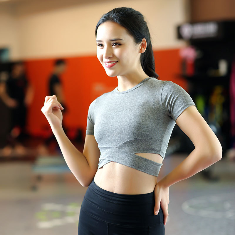 Tshirt Women&#039;s Tight Midriff Outfit Stretch Fitness ShortSleeved Dance Sweatshirt Running Quick Drying Clothes Whole