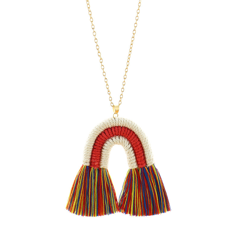 Europe and America Cross Border New Rainbow Tassel Necklace for Women Niche Design Creative Handmade Rope Knitting Accessories Wholesale