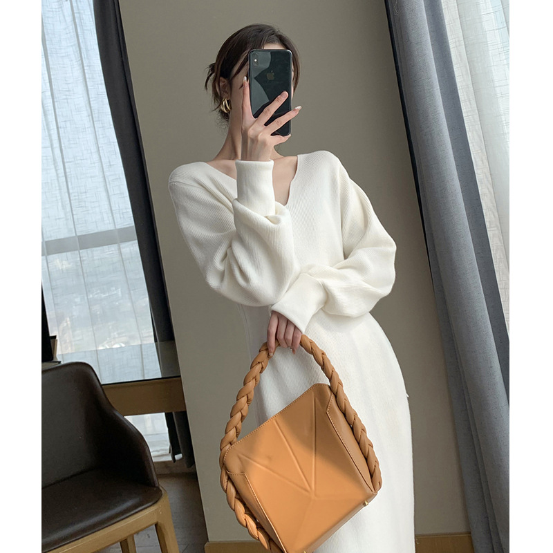 White Knitted Fabric Dress for Women Autumn and Winter Long Long Dress Underdress 2022 New Elegant Inner Match Sweater Skirt