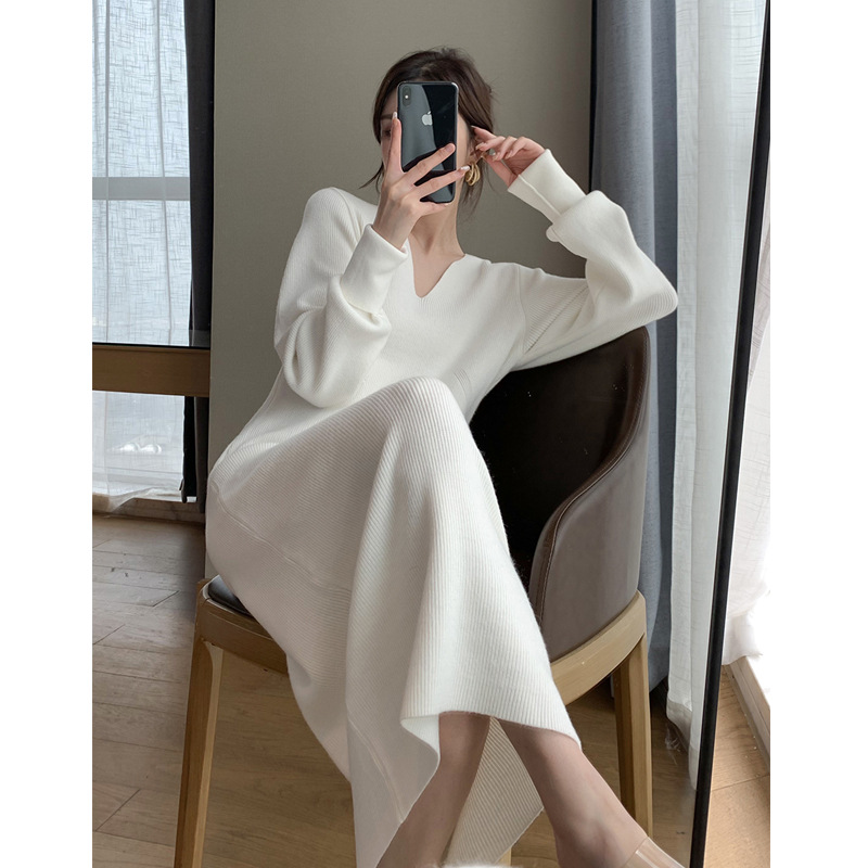 White Knitted Fabric Dress for Women Autumn and Winter Long Long Dress Underdress 2022 New Elegant Inner Match Sweater Skirt