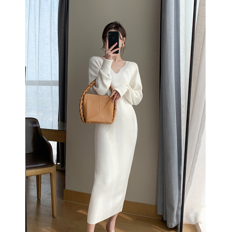 White Knitted Fabric Dress for Women Autumn and Winter Long Long Dress Underdress 2022 New Elegant Inner Match Sweater Skirt