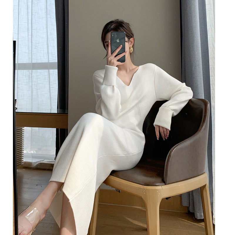 White Knitted Fabric Dress for Women Autumn and Winter Long Long Dress Underdress 2022 New Elegant Inner Match Sweater Skirt