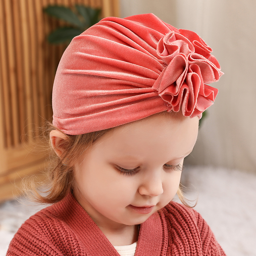 14 Colors Foreign Trade New Children Sleeve Cap Baby Autumn and Winter Gold Velvet Knitted Fabric Pleated Flower Indian Hat