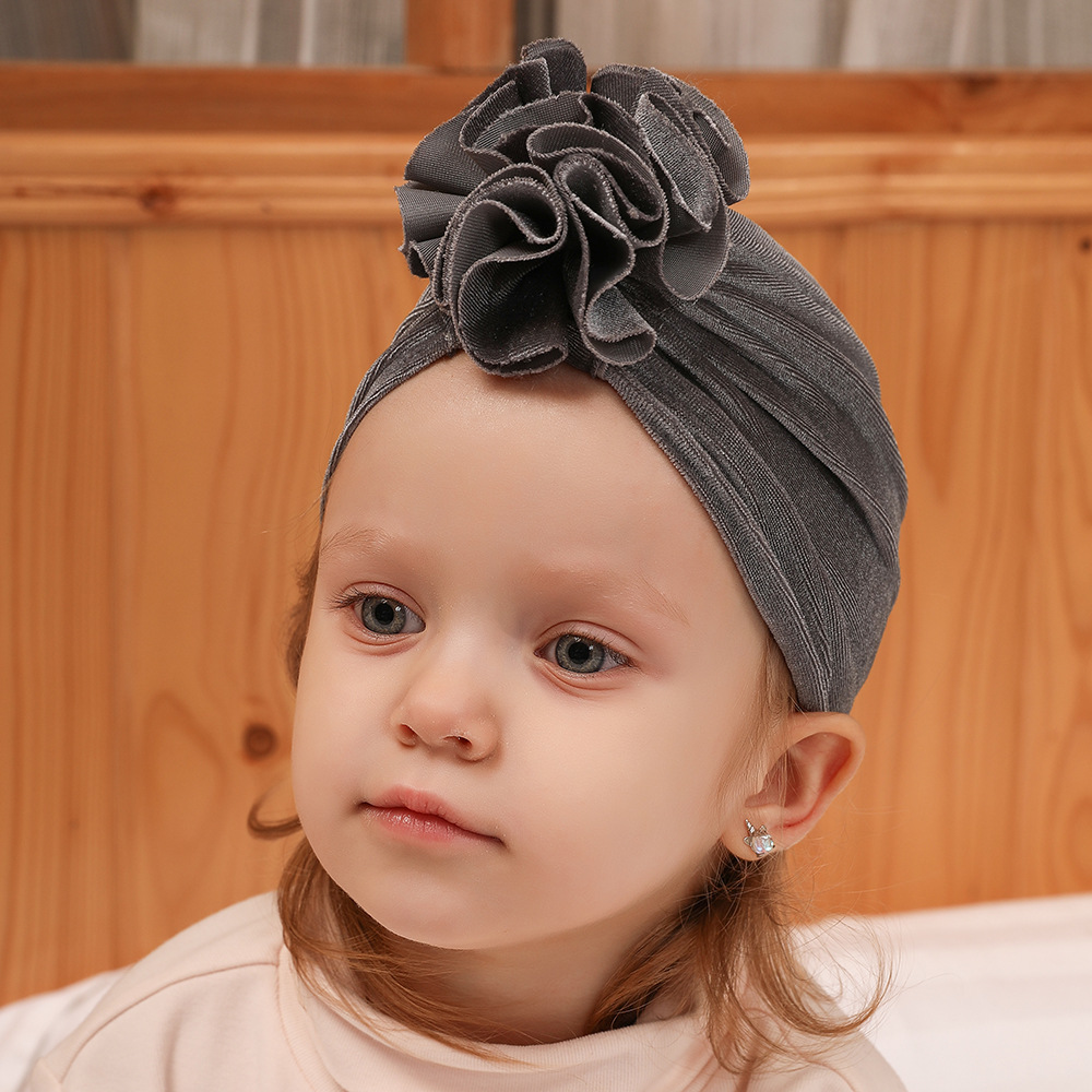 14 Colors Foreign Trade New Children Sleeve Cap Baby Autumn and Winter Gold Velvet Knitted Fabric Pleated Flower Indian Hat