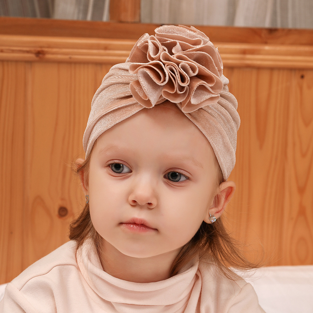 14 Colors Foreign Trade New Children Sleeve Cap Baby Autumn and Winter Gold Velvet Knitted Fabric Pleated Flower Indian Hat