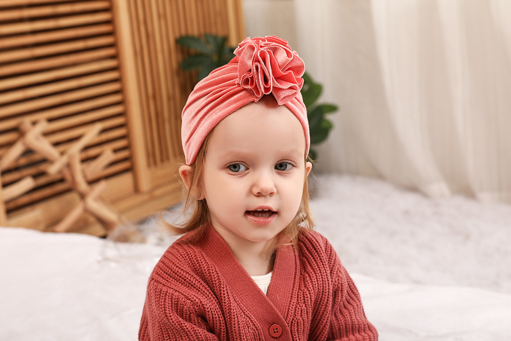 14 Colors Foreign Trade New Children Sleeve Cap Baby Autumn and Winter Gold Velvet Knitted Fabric Pleated Flower Indian Hat