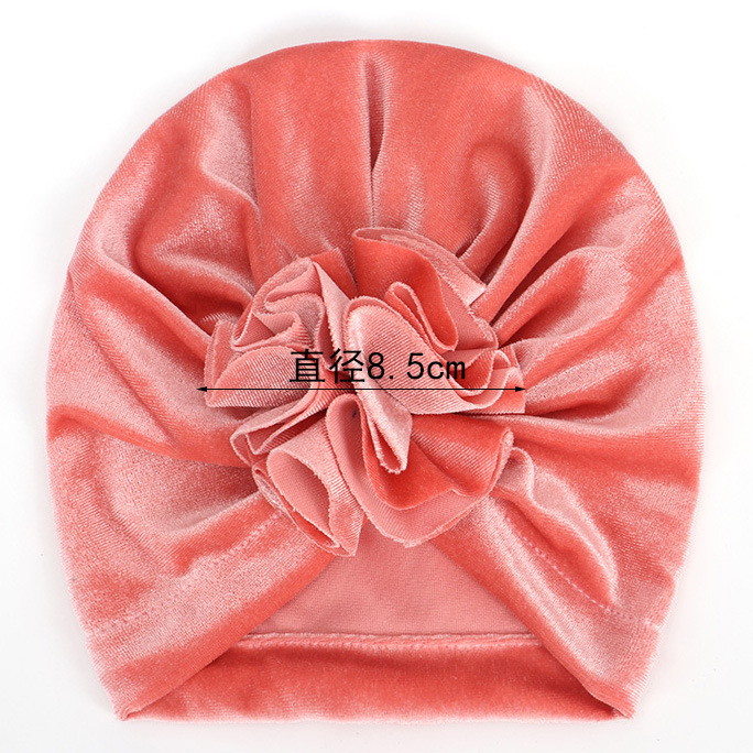14 Colors Foreign Trade New Children Sleeve Cap Baby Autumn and Winter Gold Velvet Knitted Fabric Pleated Flower Indian Hat