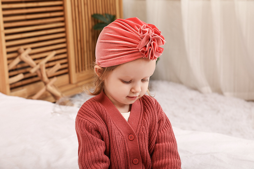 14 Colors Foreign Trade New Children Sleeve Cap Baby Autumn and Winter Gold Velvet Knitted Fabric Pleated Flower Indian Hat