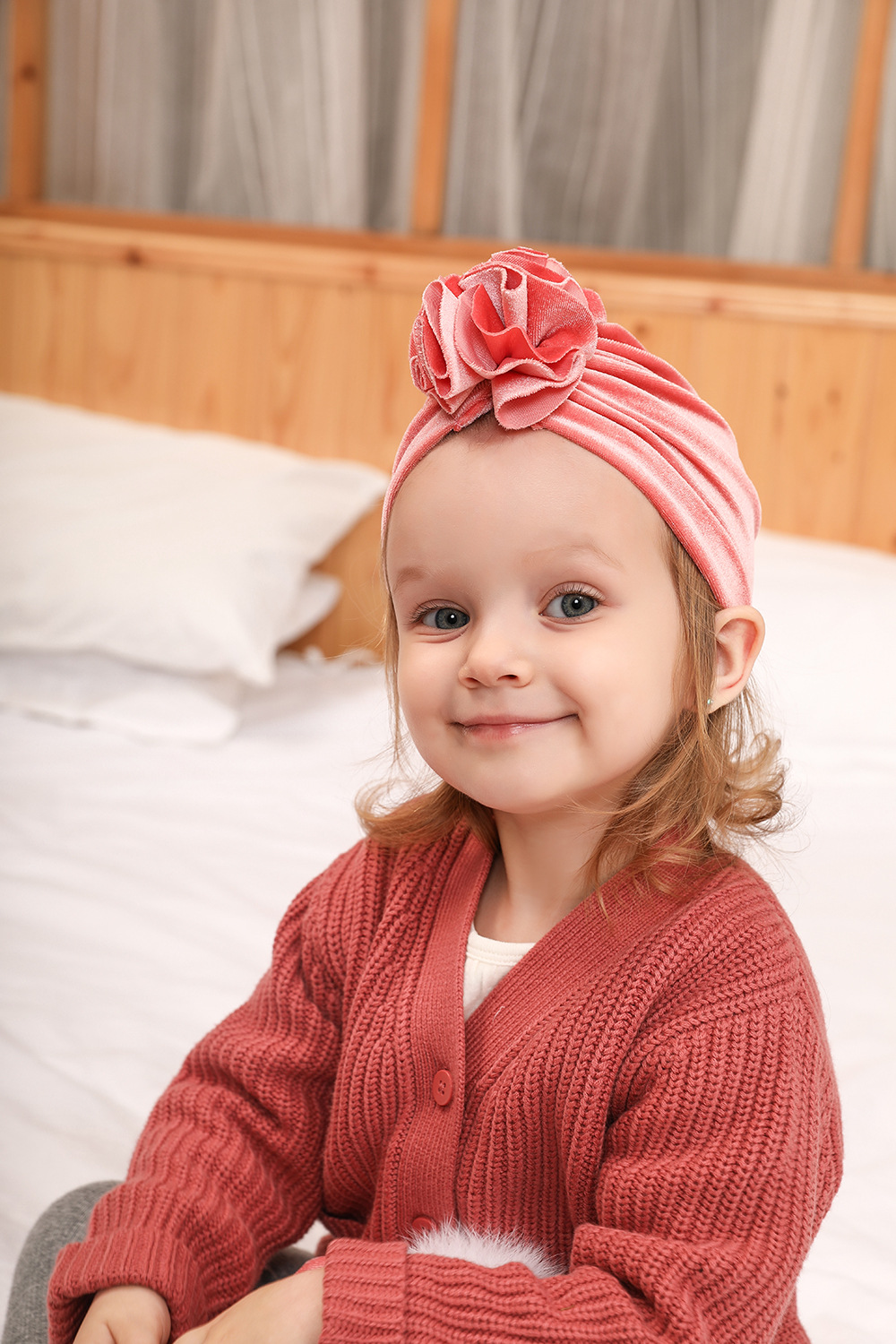 14 Colors Foreign Trade New Children Sleeve Cap Baby Autumn and Winter Gold Velvet Knitted Fabric Pleated Flower Indian Hat