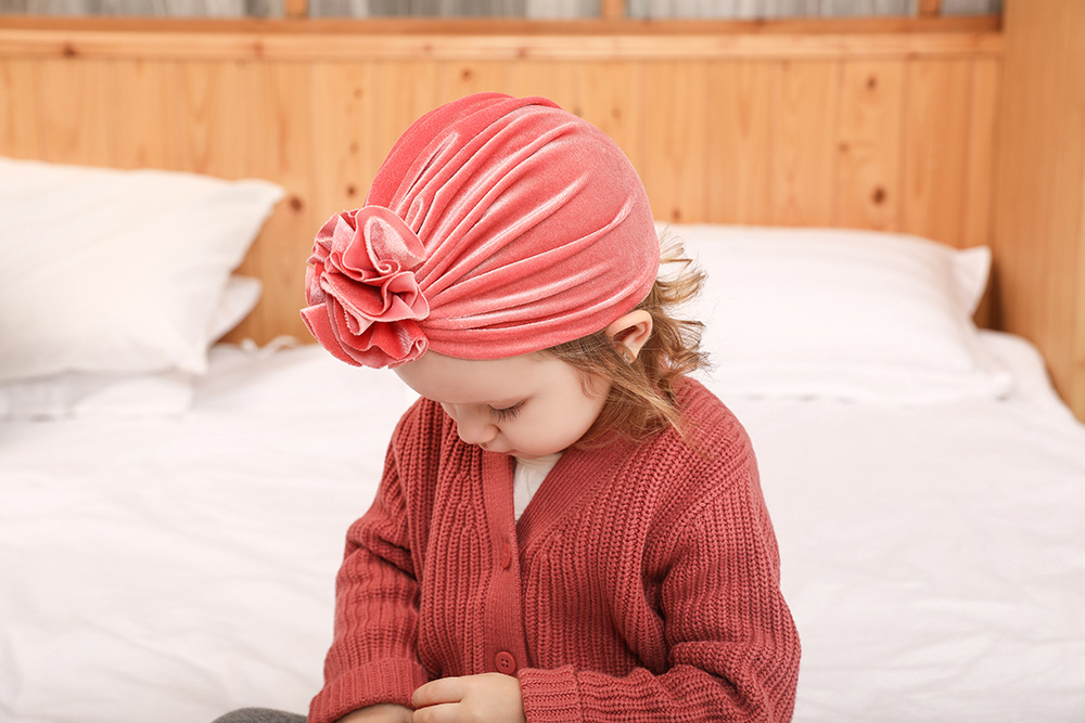 14 Colors Foreign Trade New Children Sleeve Cap Baby Autumn and Winter Gold Velvet Knitted Fabric Pleated Flower Indian Hat
