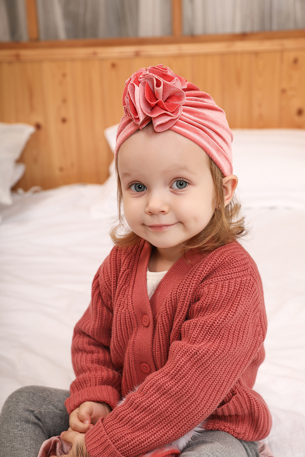 14 Colors Foreign Trade New Children Sleeve Cap Baby Autumn and Winter Gold Velvet Knitted Fabric Pleated Flower Indian Hat