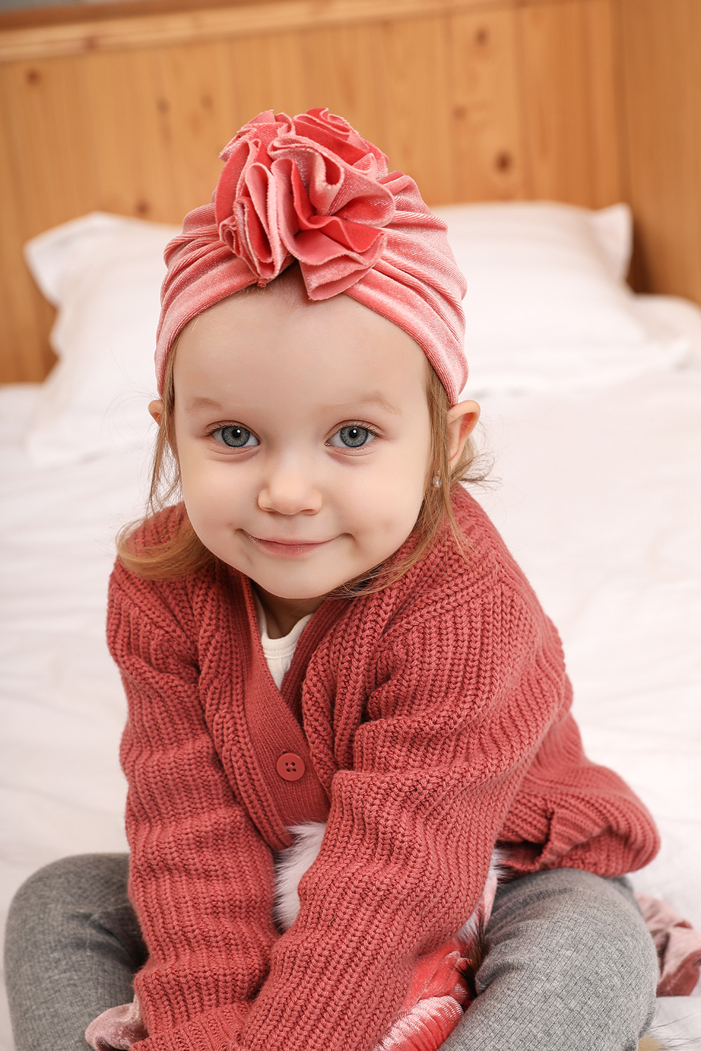 14 Colors Foreign Trade New Children Sleeve Cap Baby Autumn and Winter Gold Velvet Knitted Fabric Pleated Flower Indian Hat