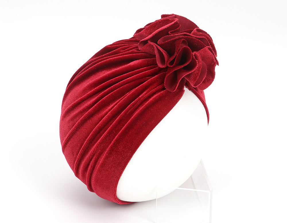 14 Colors Foreign Trade New Children Sleeve Cap Baby Autumn and Winter Gold Velvet Knitted Fabric Pleated Flower Indian Hat