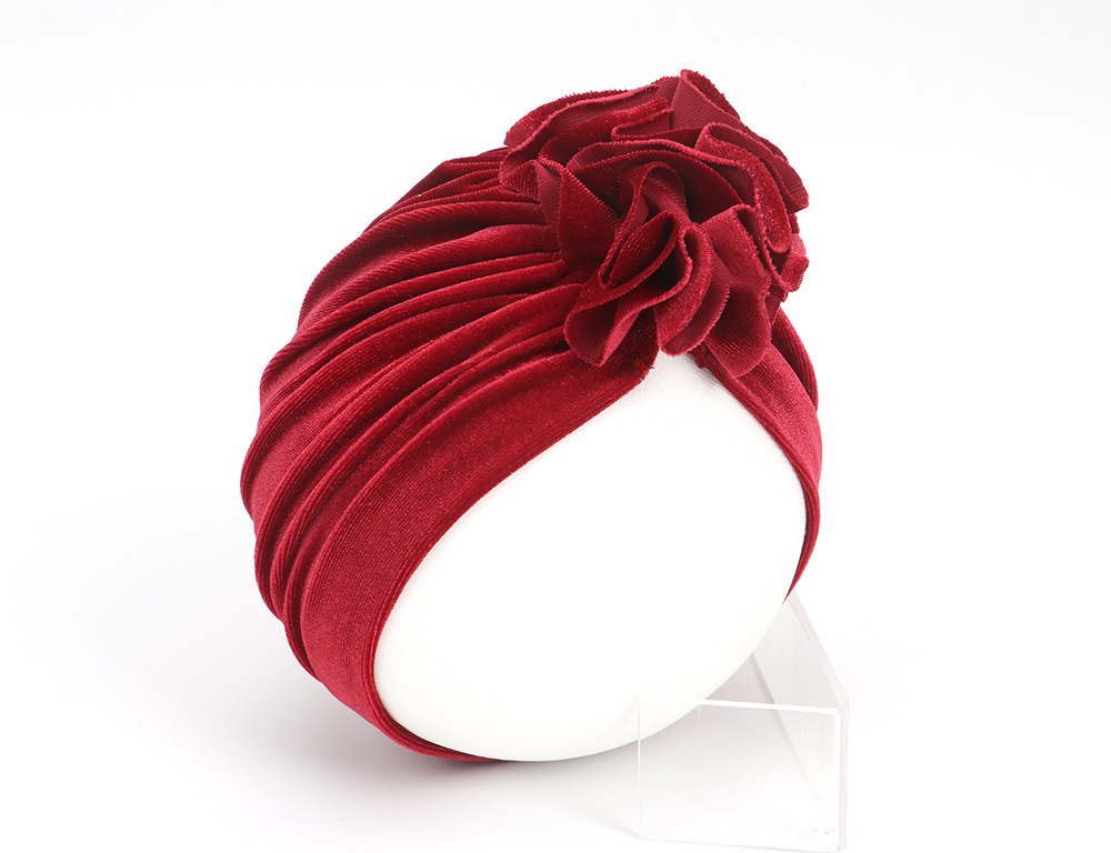 14 Colors Foreign Trade New Children Sleeve Cap Baby Autumn and Winter Gold Velvet Knitted Fabric Pleated Flower Indian Hat