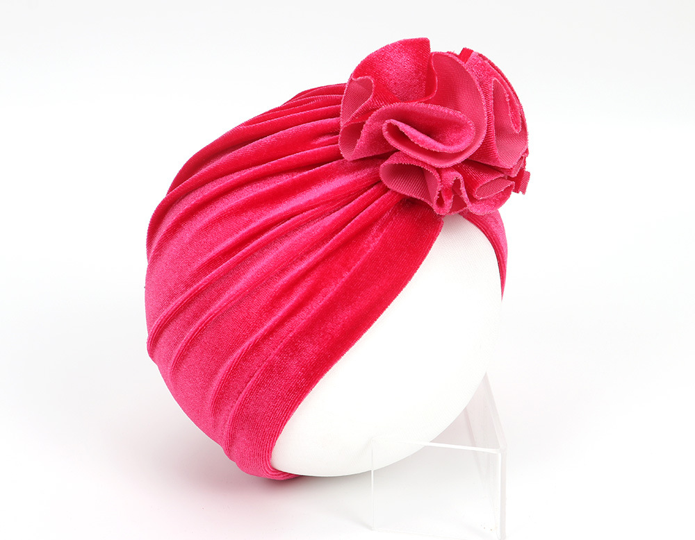 14 Colors Foreign Trade New Children Sleeve Cap Baby Autumn and Winter Gold Velvet Knitted Fabric Pleated Flower Indian Hat