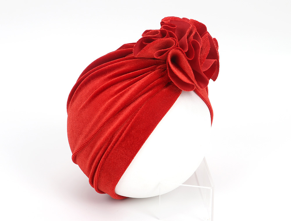 14 Colors Foreign Trade New Children Sleeve Cap Baby Autumn and Winter Gold Velvet Knitted Fabric Pleated Flower Indian Hat
