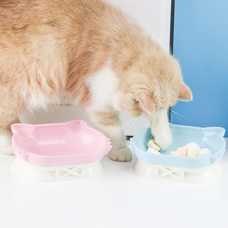 New Kitty Pet Bowl ABS Plastic Bevel Cat Bowl Integrated Double Bowl Easy to Eat and Lick in Stock