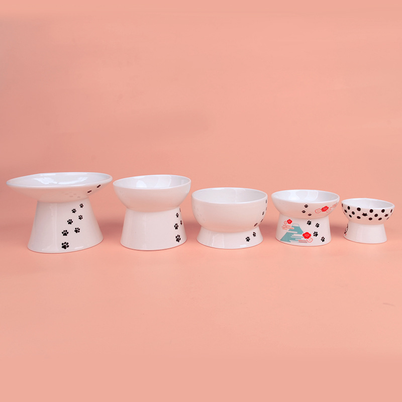 Japanese-Style High Foot Protection Cervical Spine Ceramic Bowl Cat and Dog Drinking Water Feeding Ceramic Pet Bowl