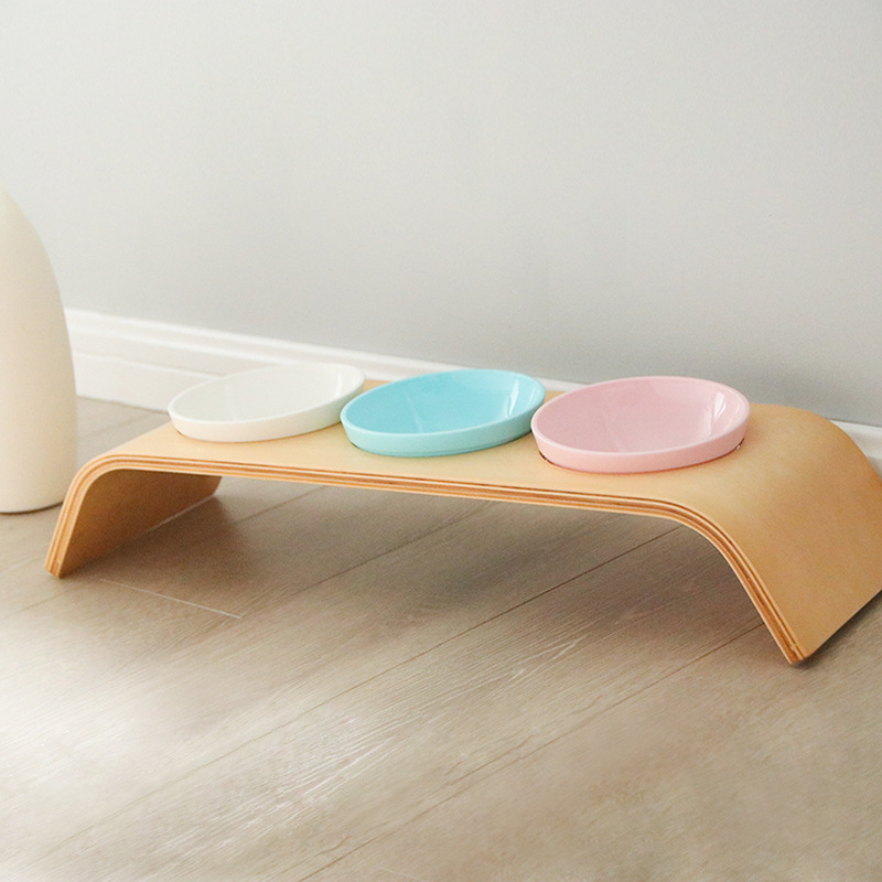 Pet Bowl Rack Cat Bowl Double Bowl Dining Table Curved Wood Craft Matching Ceramic Cat Ear Bowl Bevel Cat Bowl