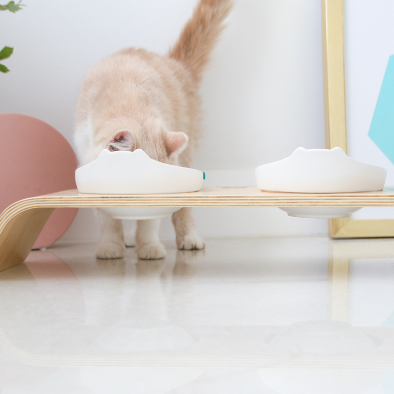 Pet Bowl Rack Cat Bowl Double Bowl Dining Table Curved Wood Craft Matching Ceramic Cat Ear Bowl Bevel Cat Bowl