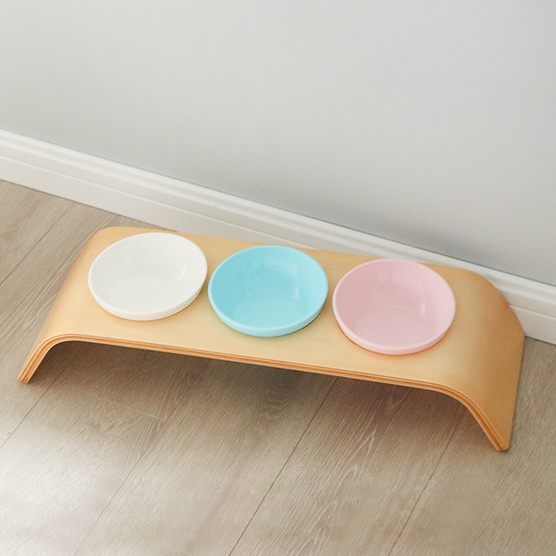 Pet Bowl Rack Cat Bowl Double Bowl Dining Table Curved Wood Craft Matching Ceramic Cat Ear Bowl Bevel Cat Bowl
