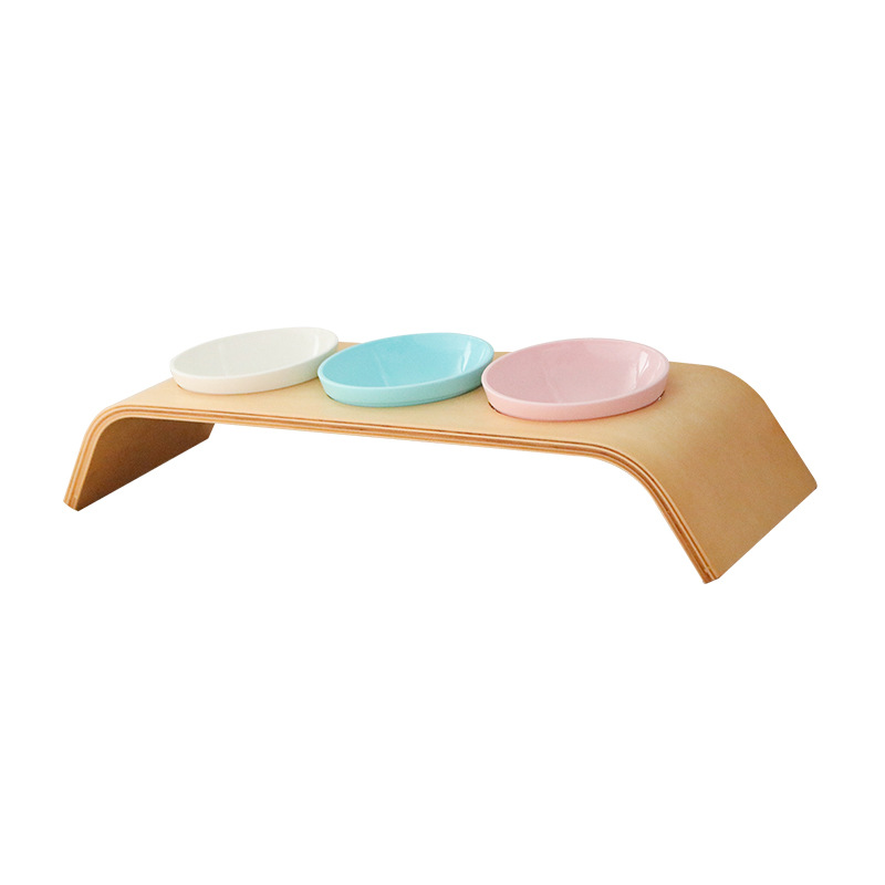 Pet Bowl Rack Cat Bowl Double Bowl Dining Table Curved Wood Craft Matching Ceramic Cat Ear Bowl Bevel Cat Bowl