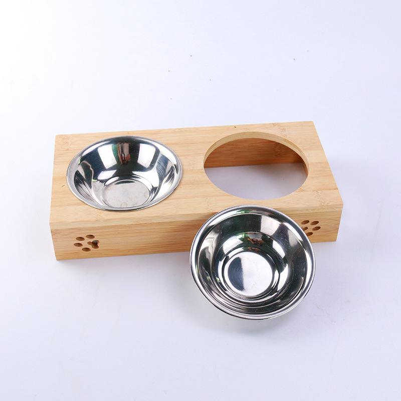 Factory Direct Supply New Primary Color Bamboo Stainless Steel Pet Double Bowl Anti-Tumble Cat Bowl Wooden Pet Bowl Dog Bowl