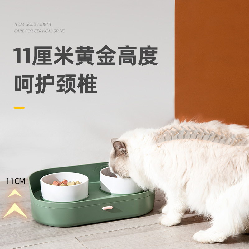 Cross-Border New Arrival Ceramic Pet Bowl Double Bowl High Foot Neck Protection Cat Bowl Dog Bowl Anti-Tumble Pet Drinking Water Feeding Bowl
