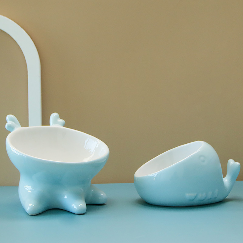 Cat Bowl Ceramic High Foot Pet Bowl Oblique Mouth Cat Basin Animal Easy to Clean Cute Ceramic Pet Food Basin