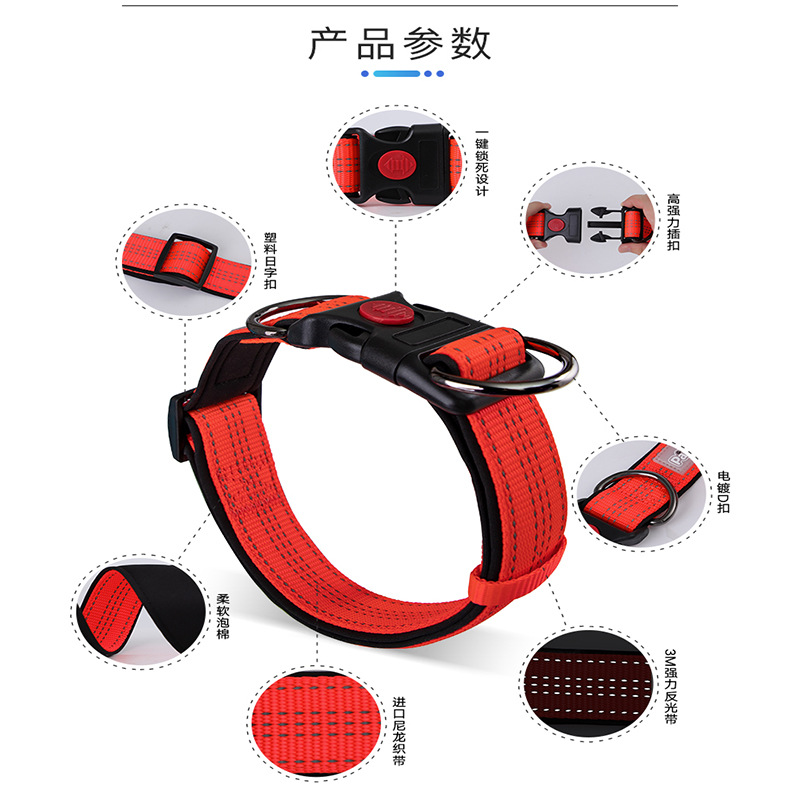 Factory Direct Sales Hot Sale Luminous Reflective Hand Holding Rope Nylon Bandana Double D Buckle Adjustable Dog Collar Pet Rope Wholesale