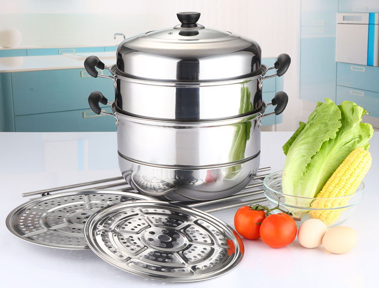 Steel Steamer Soup Pot Household ThreeLayer Steamer Double Grate TwoLayer Steamer Composite Bottom Gift Steamer