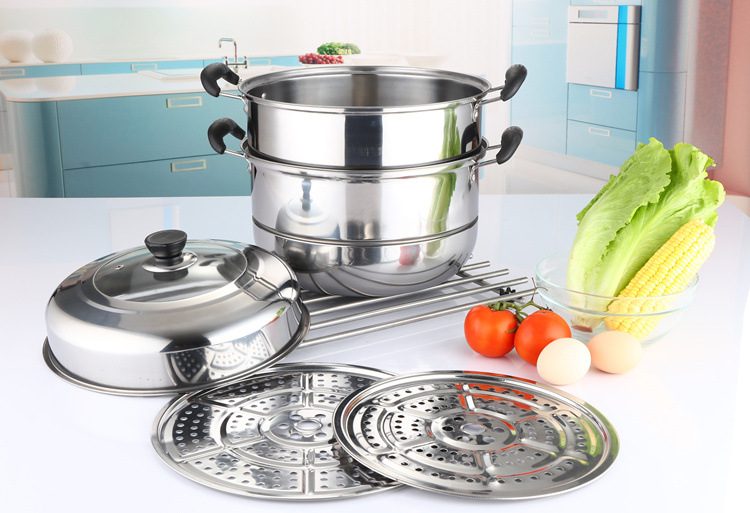 Steel Steamer Soup Pot Household ThreeLayer Steamer Double Grate TwoLayer Steamer Composite Bottom Gift Steamer