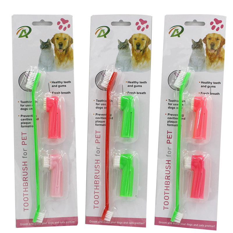 Pet Toothbrush Three-Piece Set Dogs and Cats Double-Headed Brush Finger Stall Brush Pet Cleaning Teeth Grinding Toothbrush Dog Toothbrush