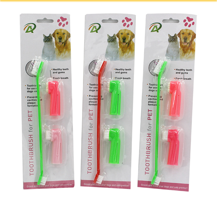 Pet Toothbrush Three-Piece Set Dogs and Cats Double-Headed Brush Finger Stall Brush Pet Cleaning Teeth Grinding Toothbrush Dog Toothbrush