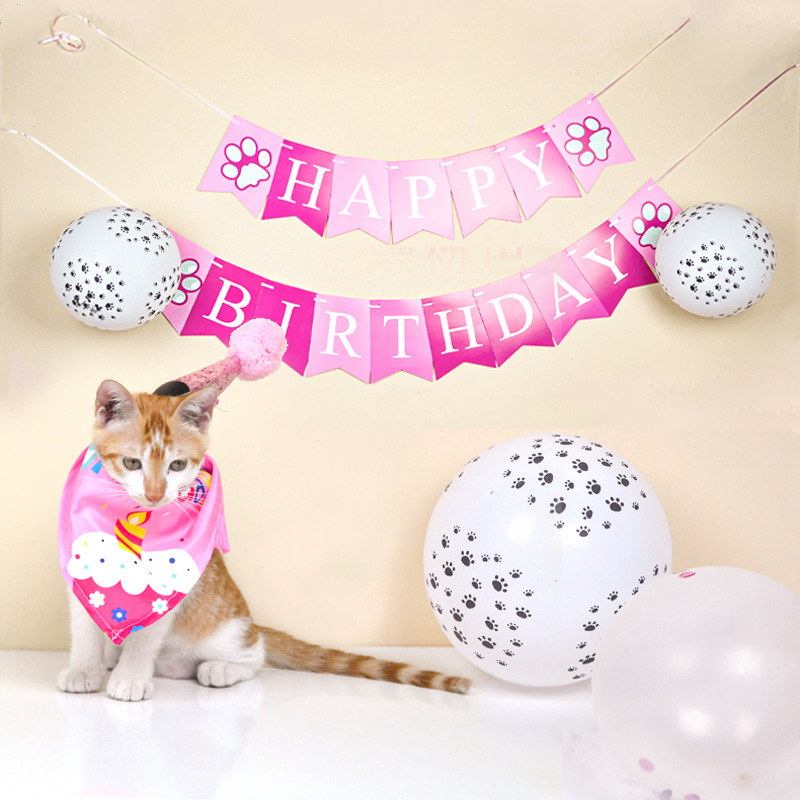 Cross-Border New Arrival Pet Birthday Party Decoration Dog Cat Footprints Balloon Flag Scarf Hood Hat Triangular Binder Suit