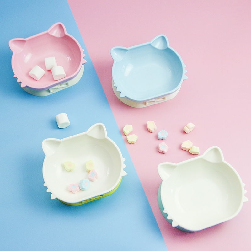 New Kitty Pet Bowl ABS Plastic Bevel Cat Bowl Integrated Double Bowl Easy to Eat and Lick in Stock