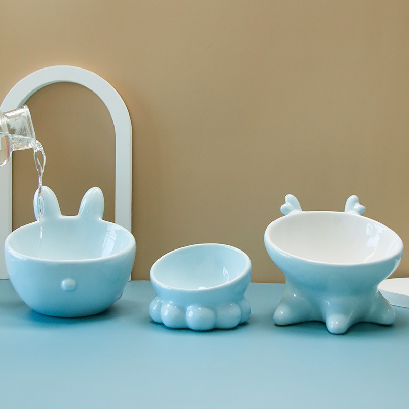 Manufacturer Hot Sale New Animal Series Pet Bowl Cat Food Holder Oblique Mouth Spine Protection Ceramic Cat Bowl