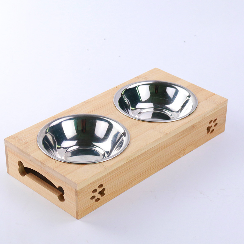 Factory Direct Supply New Primary Color Bamboo Stainless Steel Pet Double Bowl Anti-Tumble Cat Bowl Wooden Pet Bowl Dog Bowl