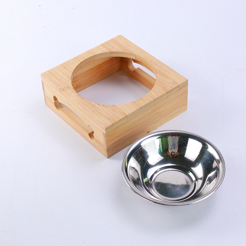 Factory Direct Supply New Primary Color Bamboo Stainless Steel Pet Double Bowl Anti-Tumble Cat Bowl Wooden Pet Bowl Dog Bowl