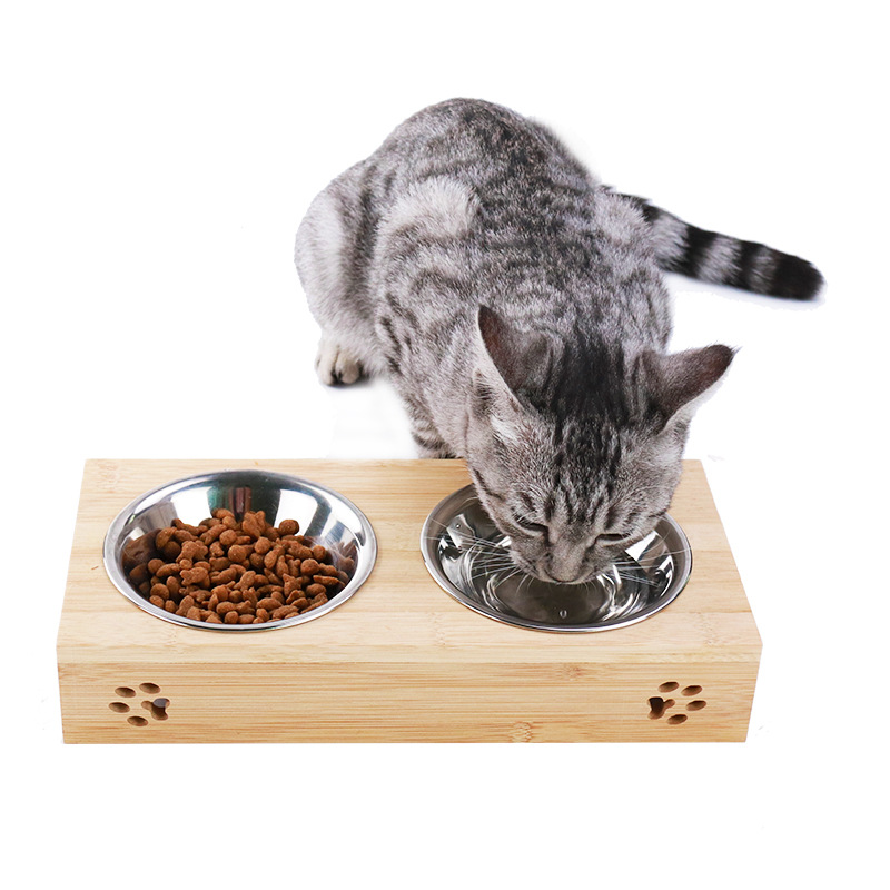 Factory Direct Supply New Primary Color Bamboo Stainless Steel Pet Double Bowl Anti-Tumble Cat Bowl Wooden Pet Bowl Dog Bowl