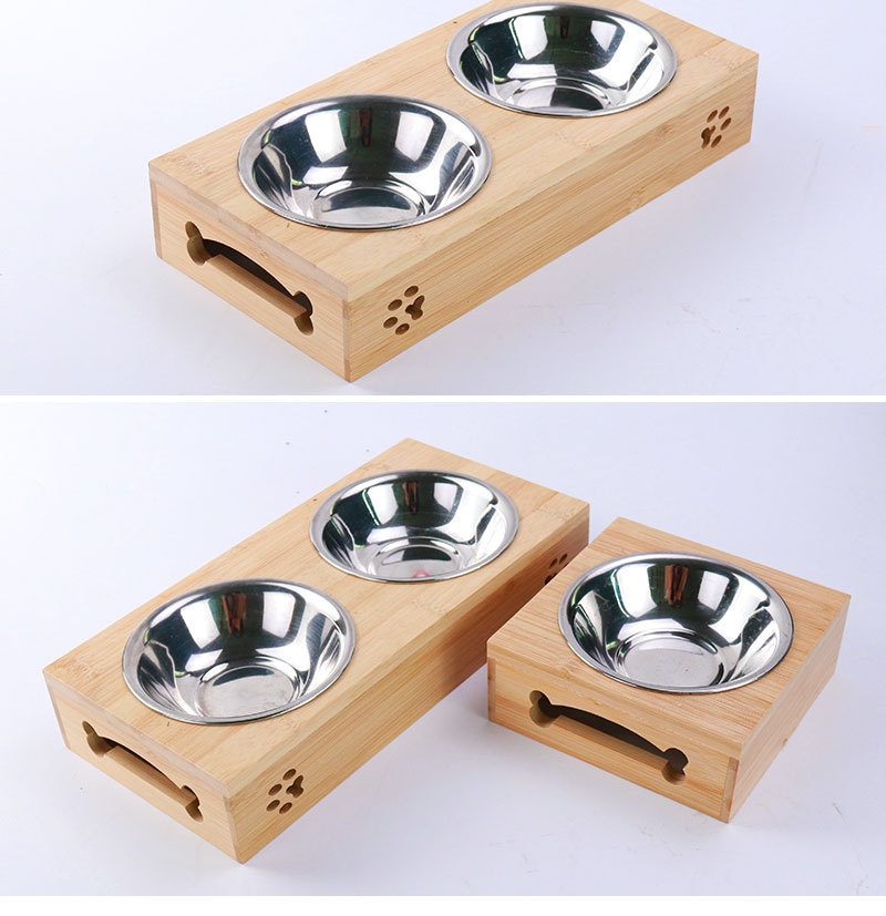 Factory Direct Supply New Primary Color Bamboo Stainless Steel Pet Double Bowl Anti-Tumble Cat Bowl Wooden Pet Bowl Dog Bowl