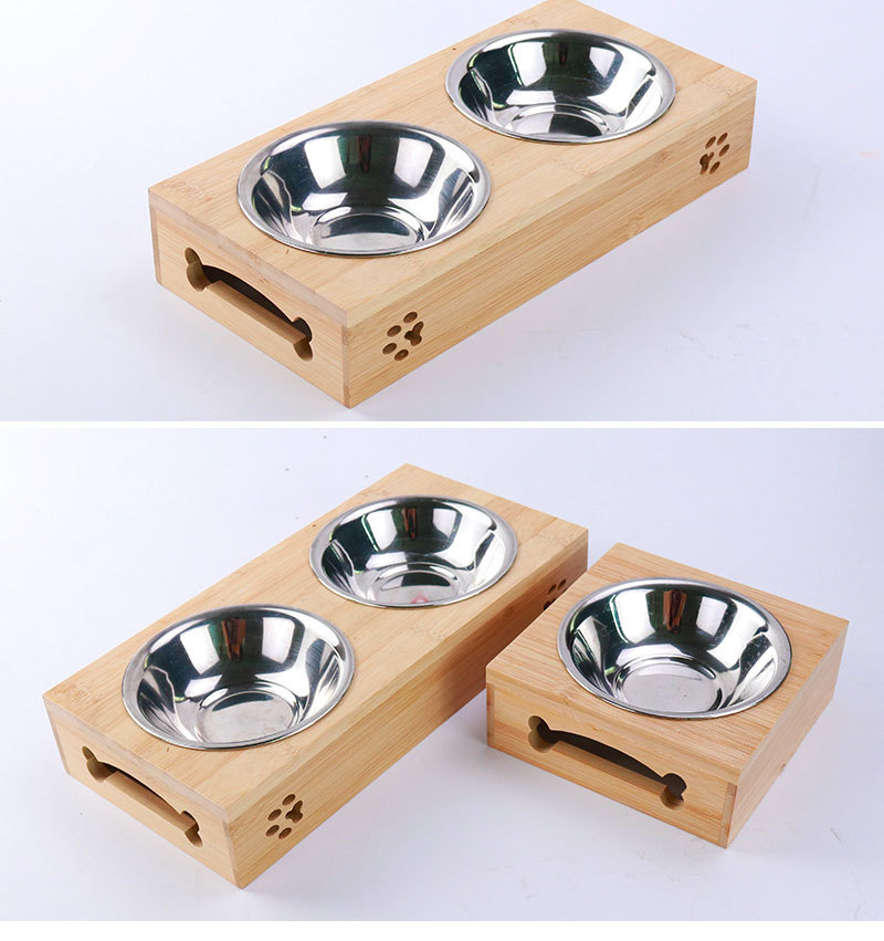 Factory Direct Supply New Primary Color Bamboo Stainless Steel Pet Double Bowl Anti-Tumble Cat Bowl Wooden Pet Bowl Dog Bowl