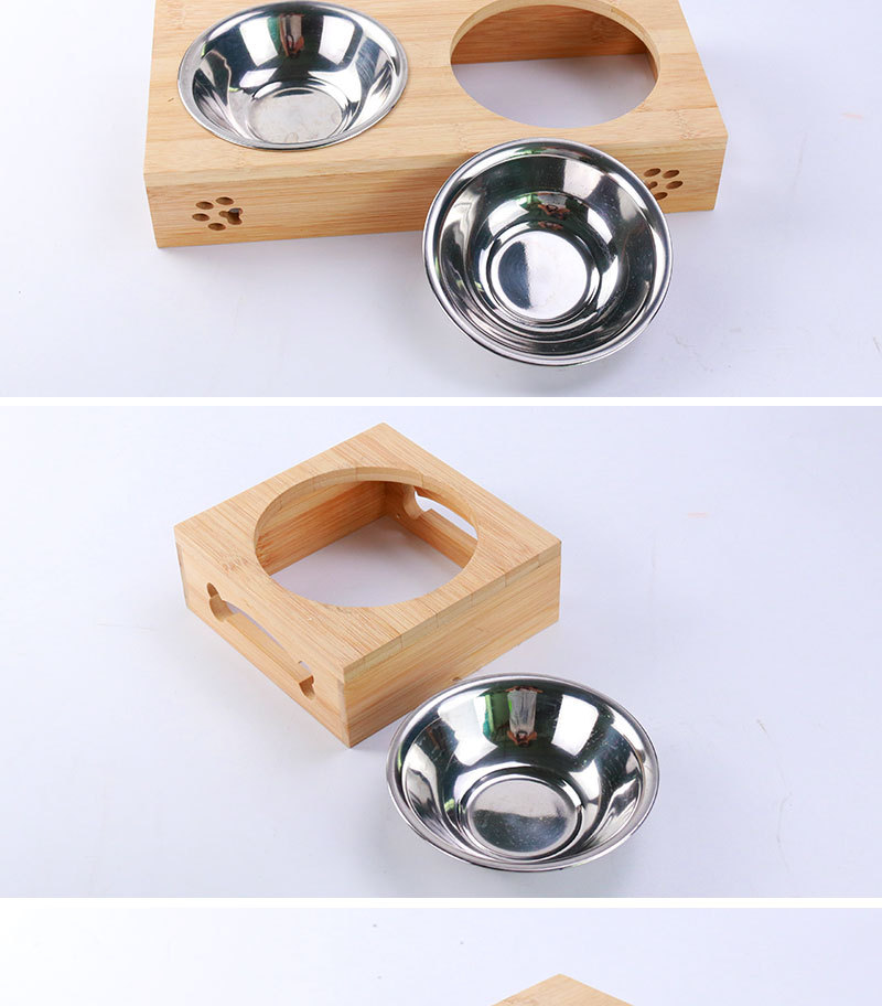 Factory Direct Supply New Primary Color Bamboo Stainless Steel Pet Double Bowl Anti-Tumble Cat Bowl Wooden Pet Bowl Dog Bowl