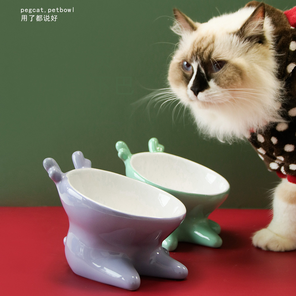 Cat Bowl Ceramic High Foot Pet Bowl Oblique Mouth Cat Basin Animal Easy to Clean Cute Ceramic Pet Food Basin