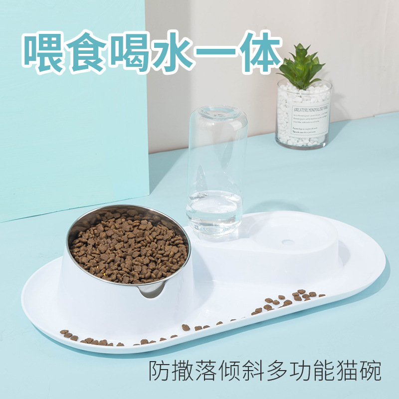 Anti-Splash Removable and Washable Stainless Steel Double Bowl Tilt Protection Cervical Spine Pet Bowl Cat Food Holder Dual-Use Dog Bowl