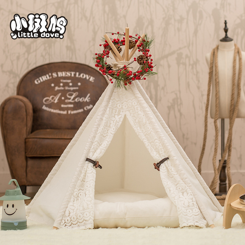 Small Turtledove Pet Tent Cat Kennel Removable and Washable Canvas Fabric Wooden Pet Nest Pet Pad Pet Supplies