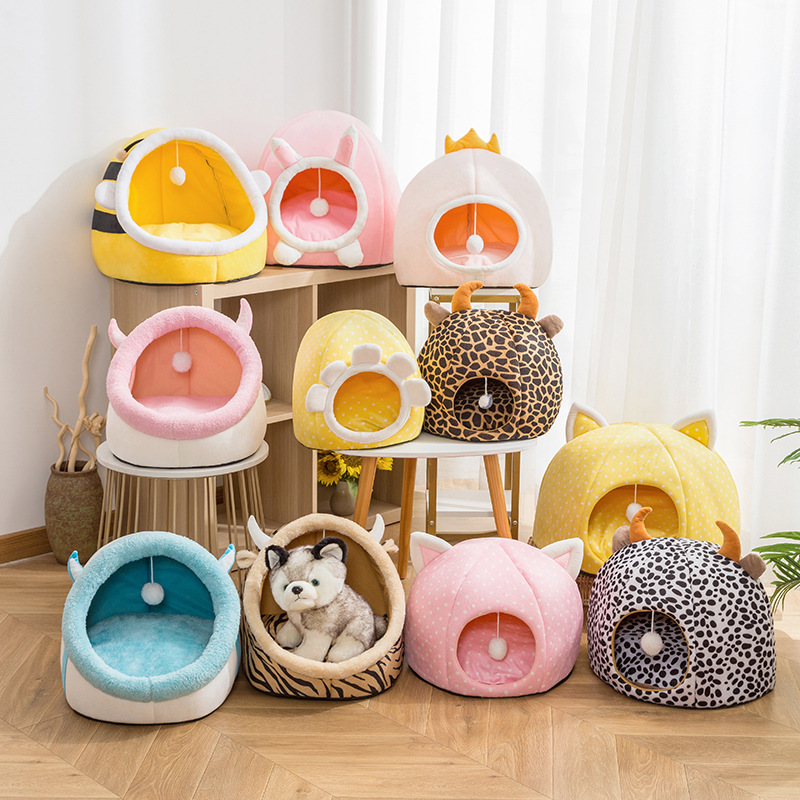 Winter Pet Cathouse Doghouse Plush Cartoon Kennel Warm Stain-Resistant Semi-Closed Pet Nest Pet Supplies