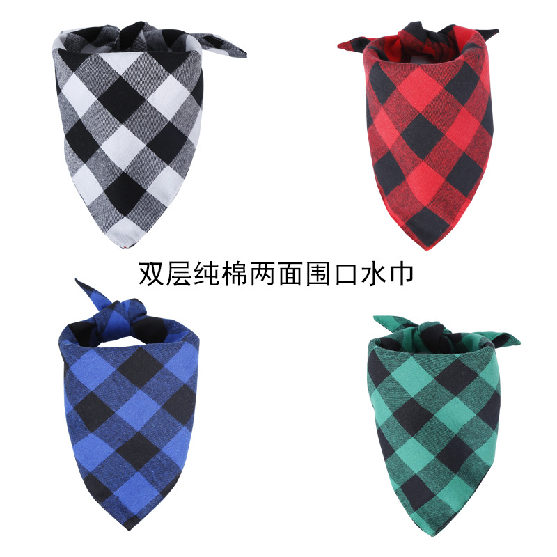 Amazon Hot Sale Pet&#039;s Saliva Towel Dog Triangular Binder Double Pure Cotton Plaid Pet Scarf Headscarf Customization
